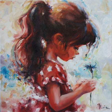 DĚVČÁTKO S CHRPOU. Olej na plátně 40x40 cm.