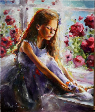 BALETKA A KVĚTINY. Olej  na plátně  60x50 cm.